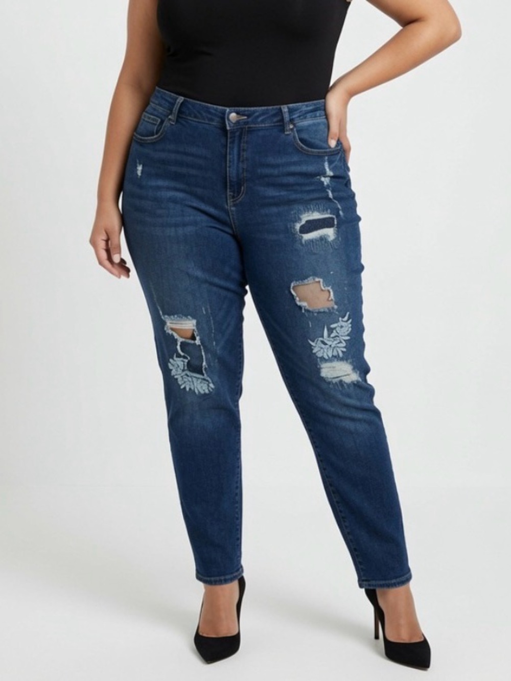 Lane Bryant Floral Embroidered Distressed Ripped Patchwork Denim Jeans Size 20